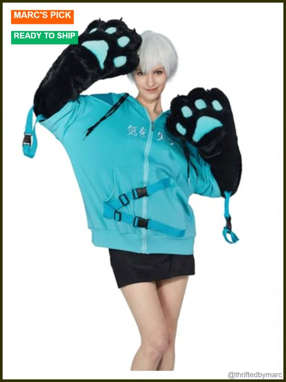 Cat Zip Up Hoodie with Detachable Furry Paw Gloves, 100% Polyester, Women's